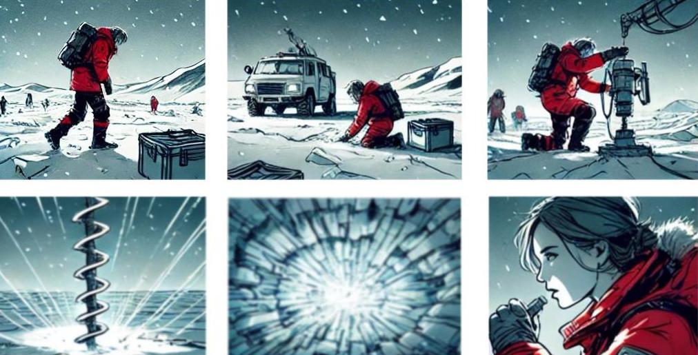 Storyboard of the opening glacier expedition and Isabelle’s discovery in the ice